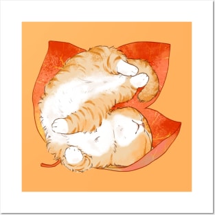 Orange Cat Sleep in Leaves Posters and Art